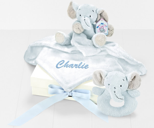 Personalised Comforter & Ring Rattle Gift Box in Blue